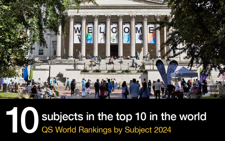 Image of ׼ϲ̳ portico with text: 10 subjects ranked in the top 10 in the world, QS World University Rankings by Subject